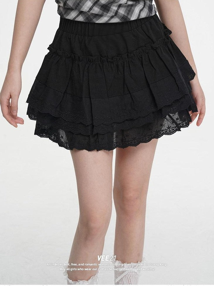 VEEMIX Black Lace Ruffle A Line Women's Cotton Rayon Blend Tiered Skirts