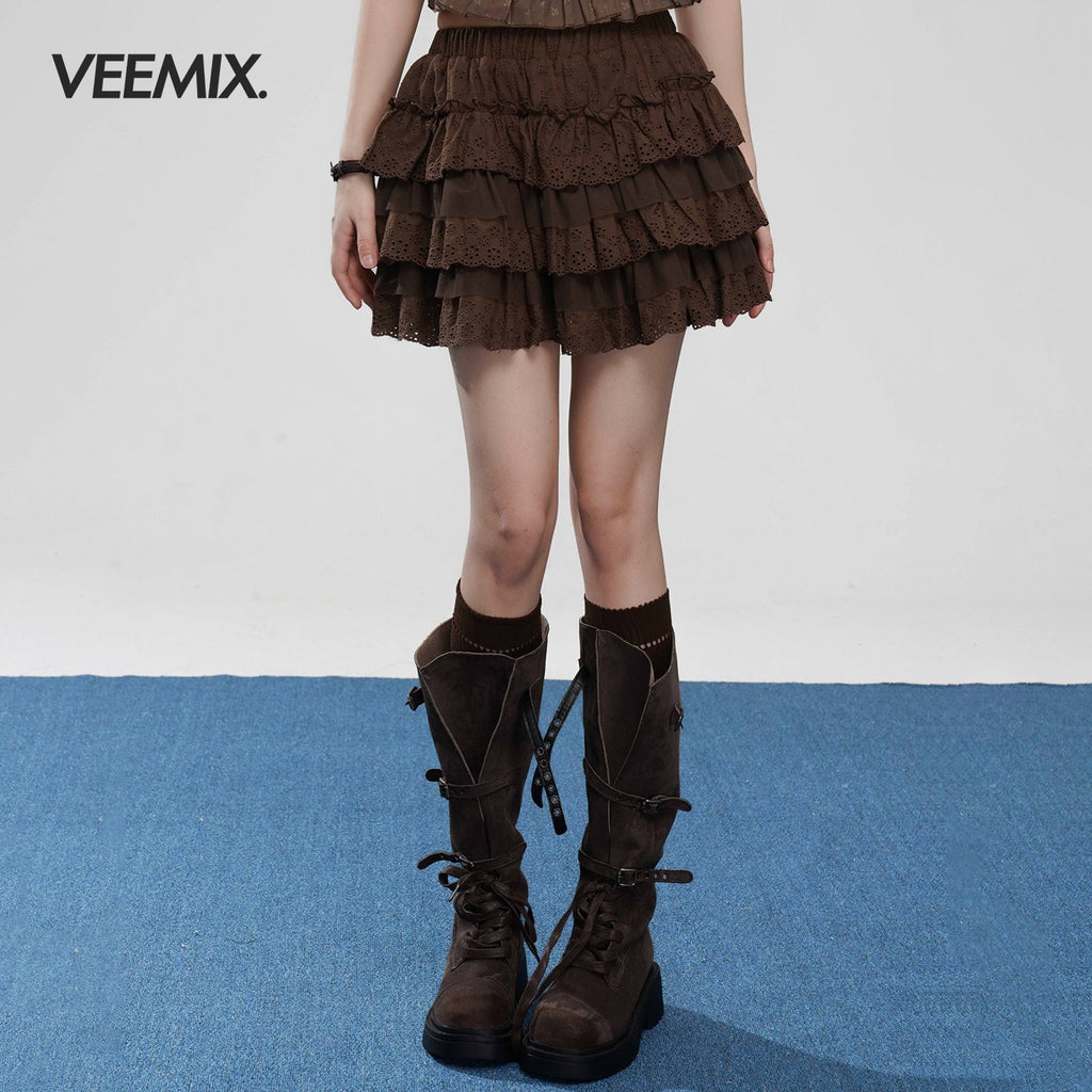 VEEMIX_Black_Lace_Ruffle_Puff_Cake_A_Line_Women's_Cotton_Polyester_Blend_Tiered_Skirts_1048834997185_MISSTT