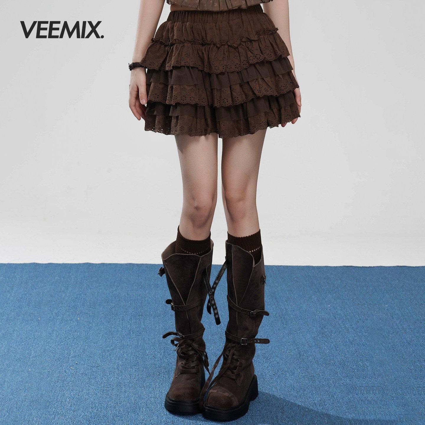 VEEMIX_Black_Lace_Ruffle_Puff_Cake_A_Line_Women's_Cotton_Polyester_Blend_Tiered_Skirts_1048834997185_MISSTT