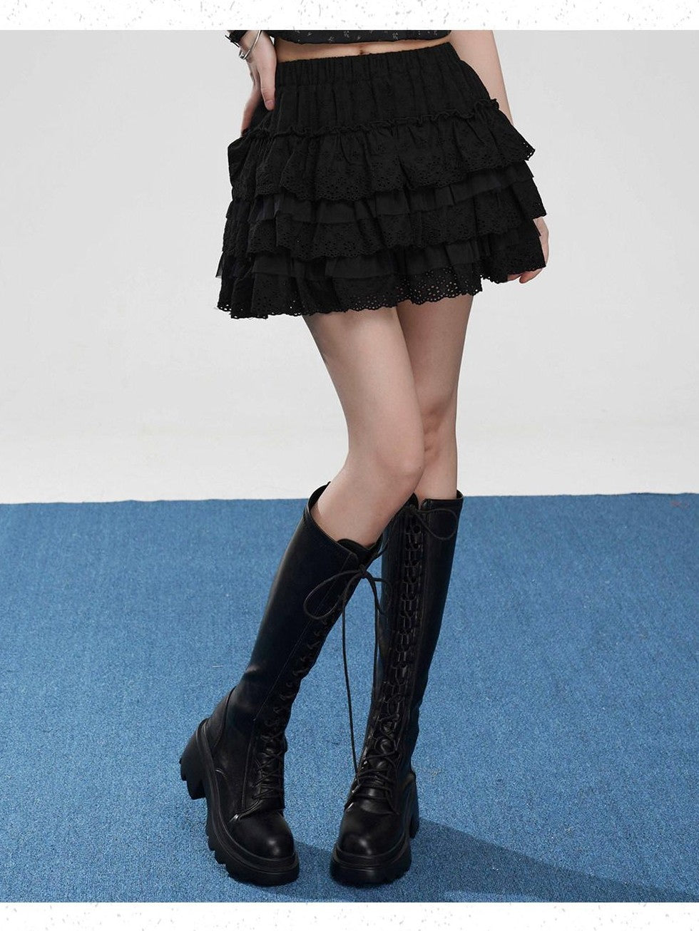 VEEMIX Black Lace Ruffle Puff Cake A Line Women's Cotton Polyester Blend Tiered Skirts
