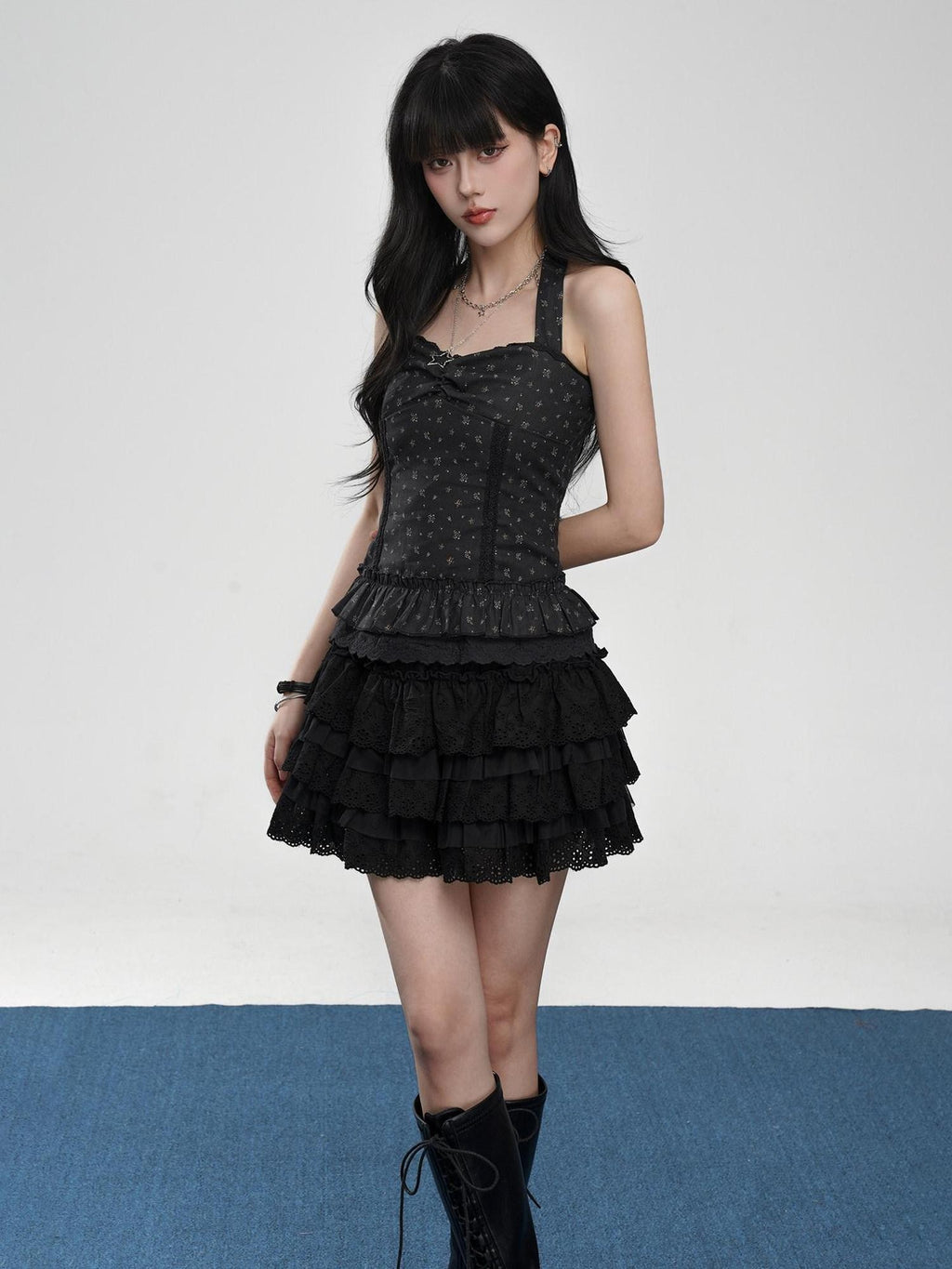VEEMIX Black Lace Ruffle Puff Cake A Line Women's Cotton Polyester Blend Tiered Skirts