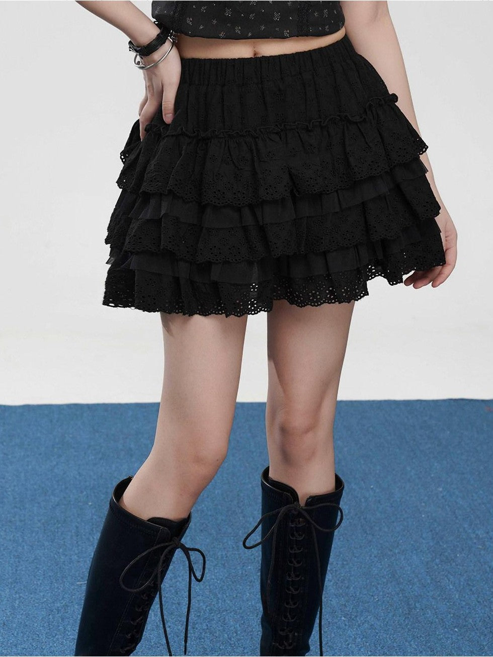VEEMIX Black Lace Ruffle Puff Cake A Line Women's Cotton Polyester Blend Tiered Skirts