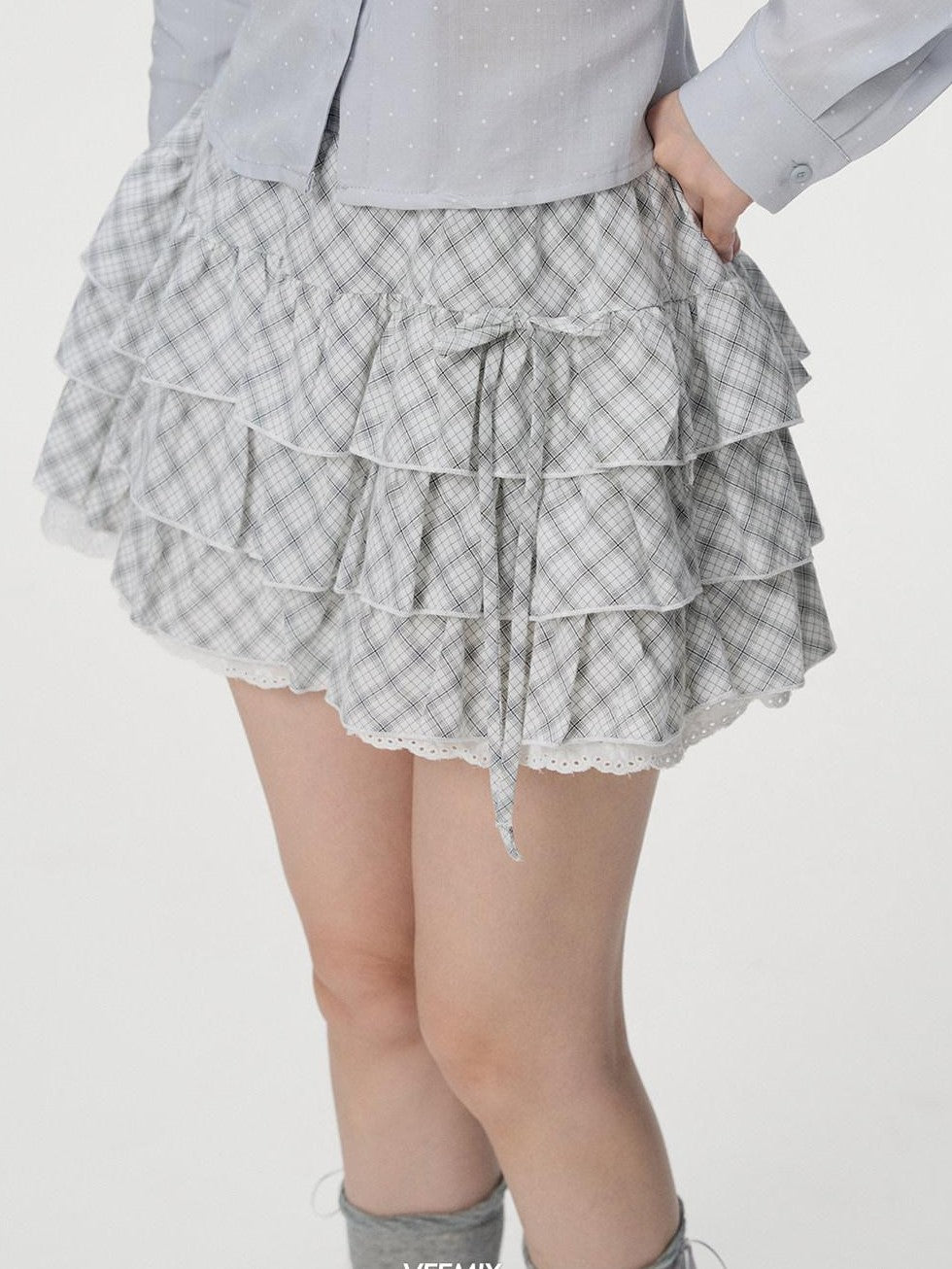 VEEMIX Black Plaid Lace Trim Tie Waist Pleated Women's Cotton Aline Tiered Skirts
