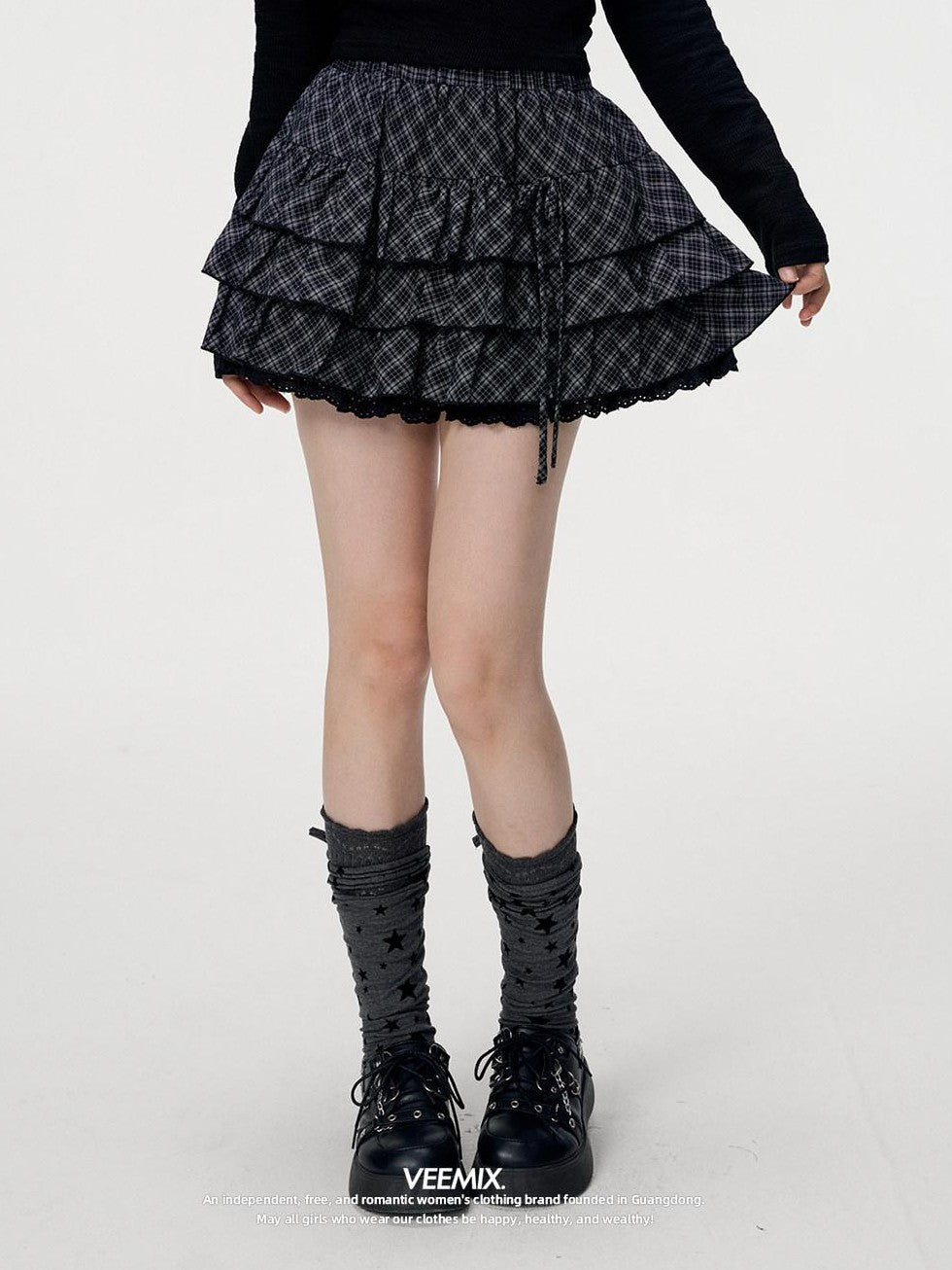 VEEMIX Black Plaid Lace Trim Tie Waist Pleated Women's Cotton Aline Tiered Skirts