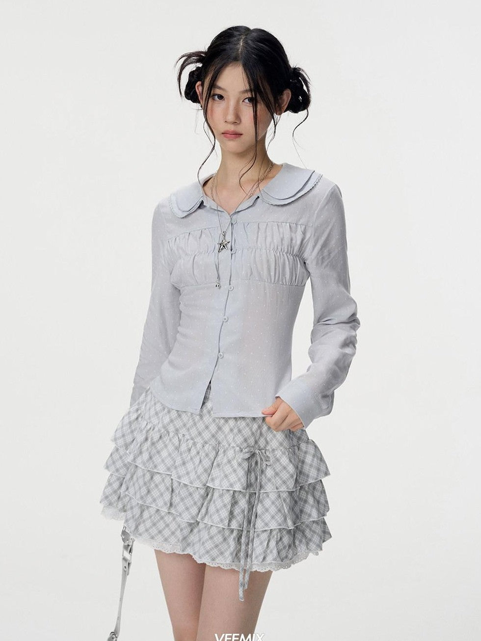 VEEMIX Black Plaid Lace Trim Tie Waist Pleated Women's Cotton Aline Tiered Skirts