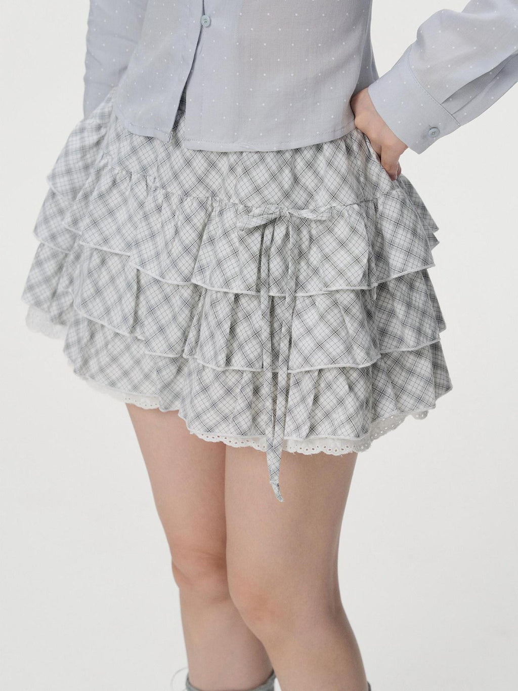 VEEMIX Black Plaid Lace Trim Tie Waist Pleated Women's Cotton Aline Tiered Skirts