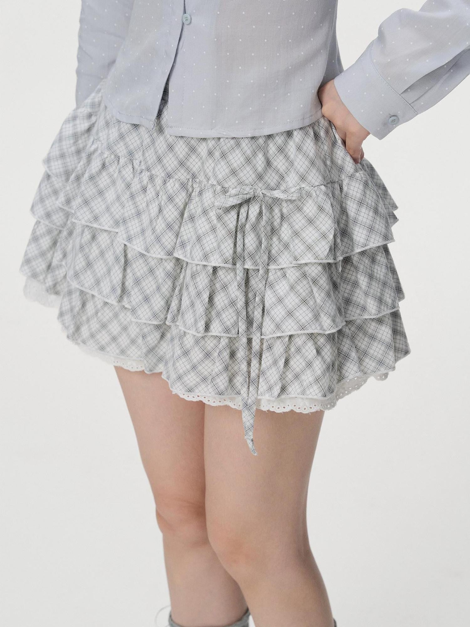 VEEMIX Black Plaid Lace Trim Tie Waist Pleated Women's Cotton Aline Tiered Skirts