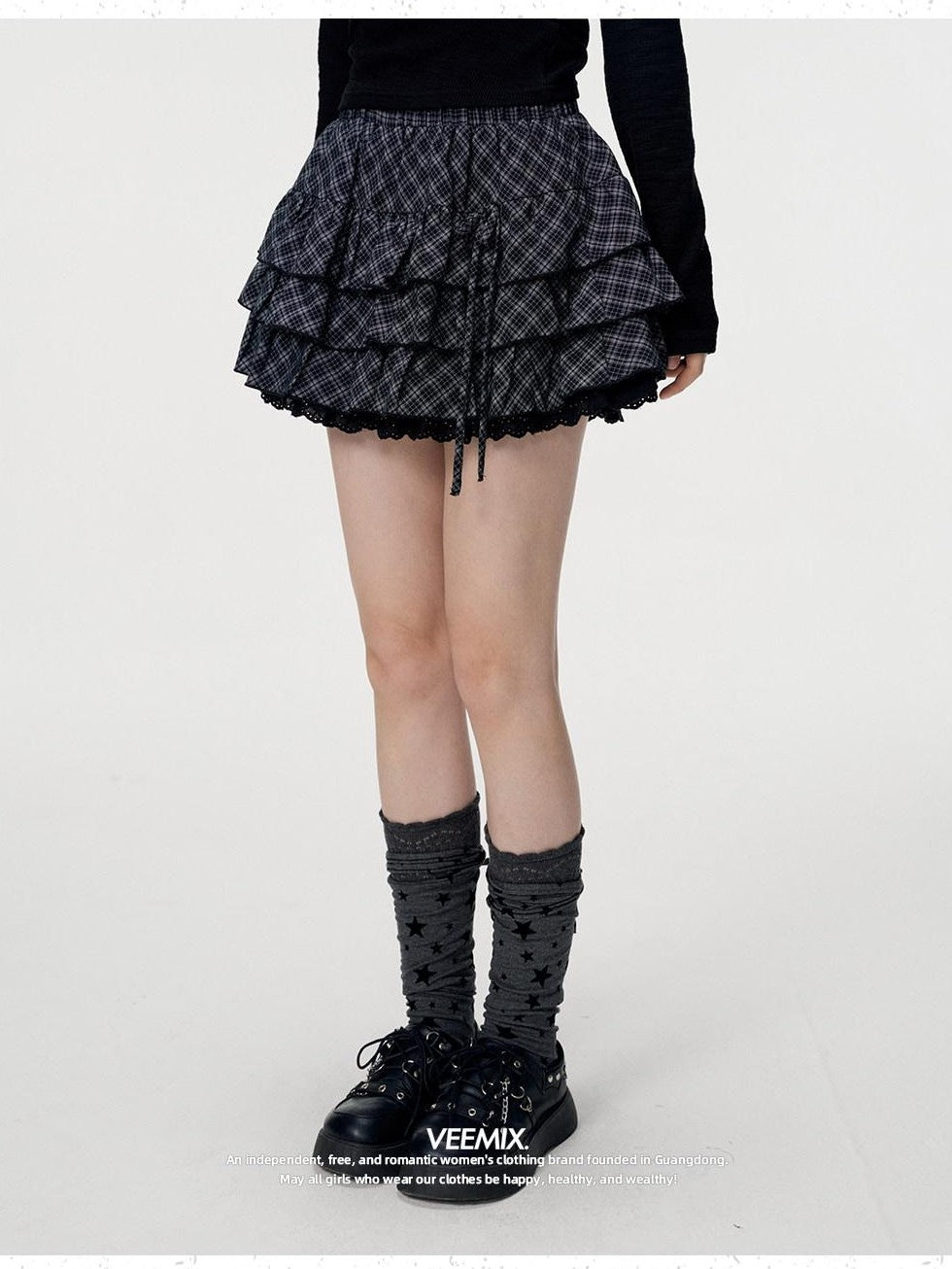 VEEMIX Black Plaid Lace Trim Tie Waist Pleated Women's Cotton Aline Tiered Skirts