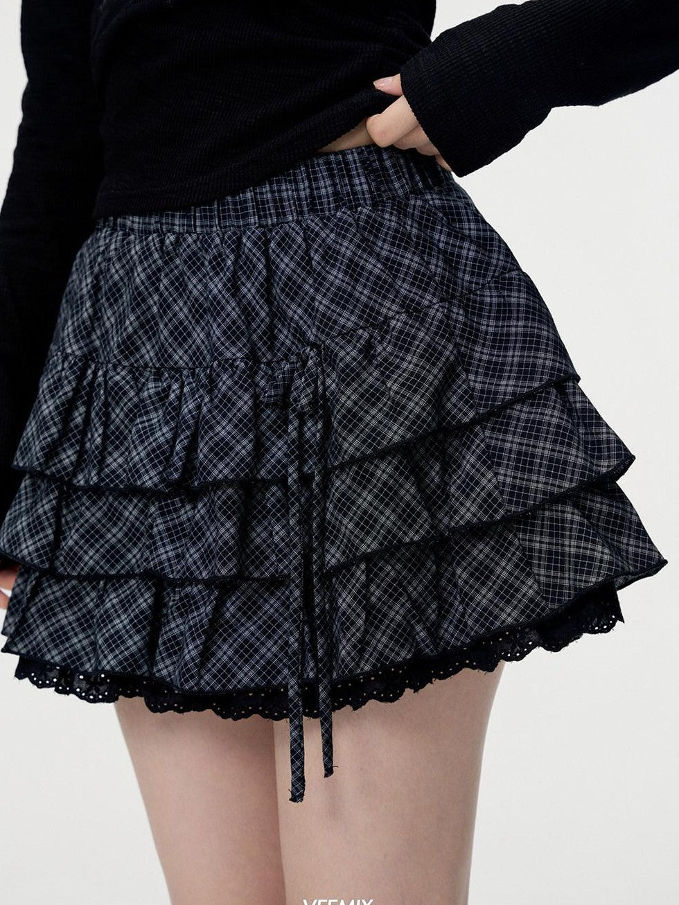 VEEMIX Black Plaid Lace Trim Tie Waist Pleated Women's Cotton Aline Tiered Skirts