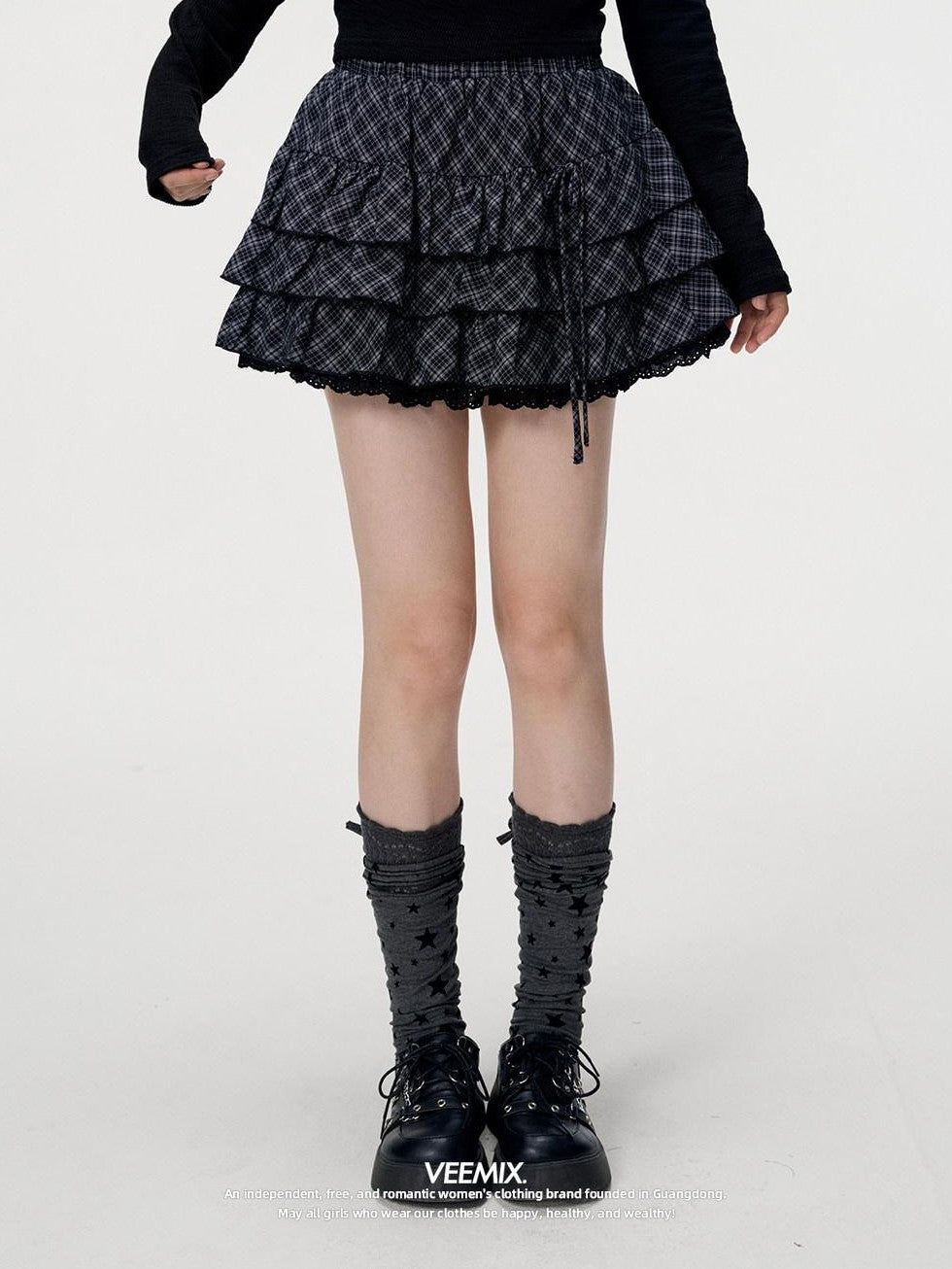 VEEMIX Black Plaid Lace Trim Tie Waist Pleated Women's Cotton Aline Tiered Skirts