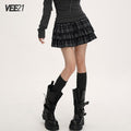 VEEMIX_Black_Plaid_Pleated_A_Line_Low_Waist_Side_Zip_Women's_Polyester_Tiered_Skirts_973400089959_MISSTT