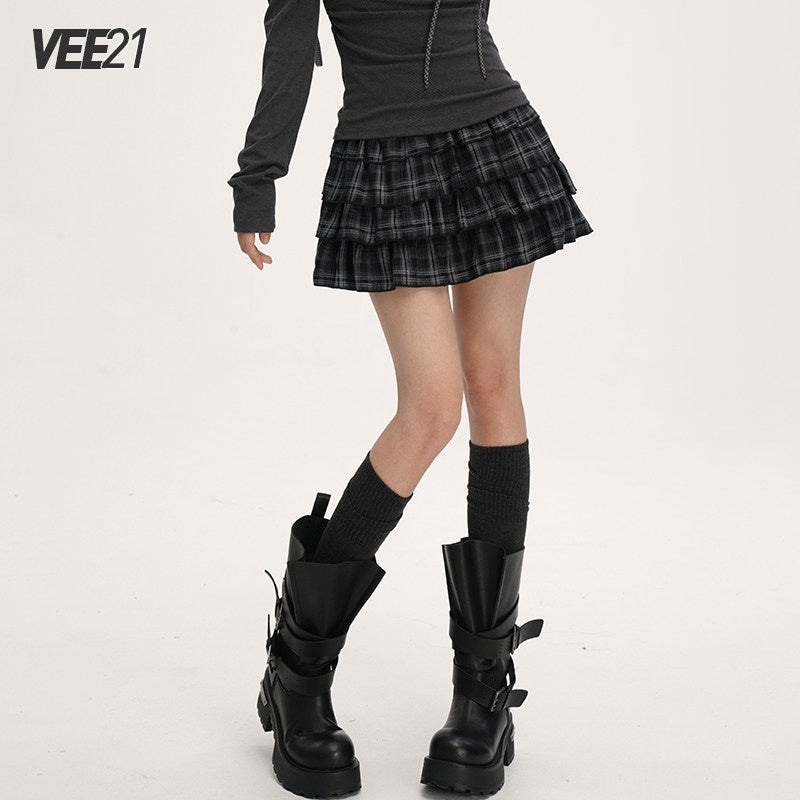 VEEMIX_Black_Plaid_Pleated_A_Line_Low_Waist_Side_Zip_Women's_Polyester_Tiered_Skirts_973400089959_MISSTT