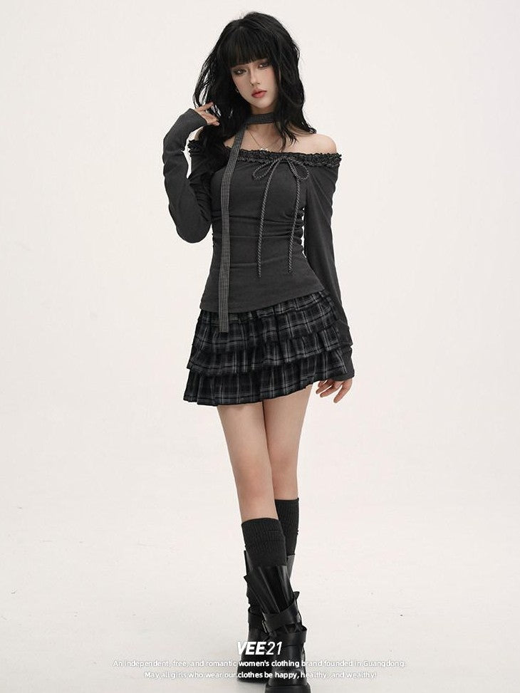 VEEMIX Black Plaid Pleated A Line Low Waist Side Zip Women's Polyester Tiered Skirts