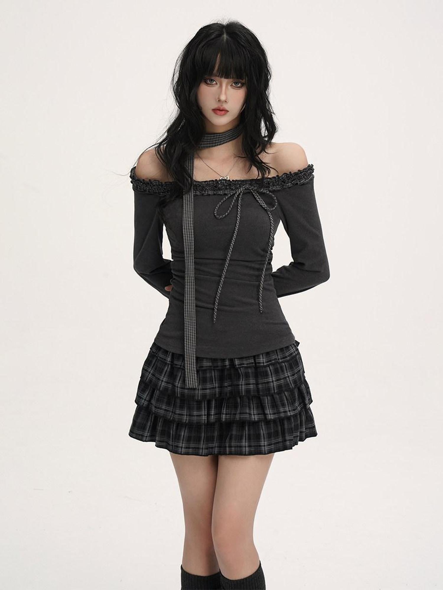 VEEMIX Black Plaid Pleated A Line Low Waist Side Zip Women's Polyester Tiered Skirts
