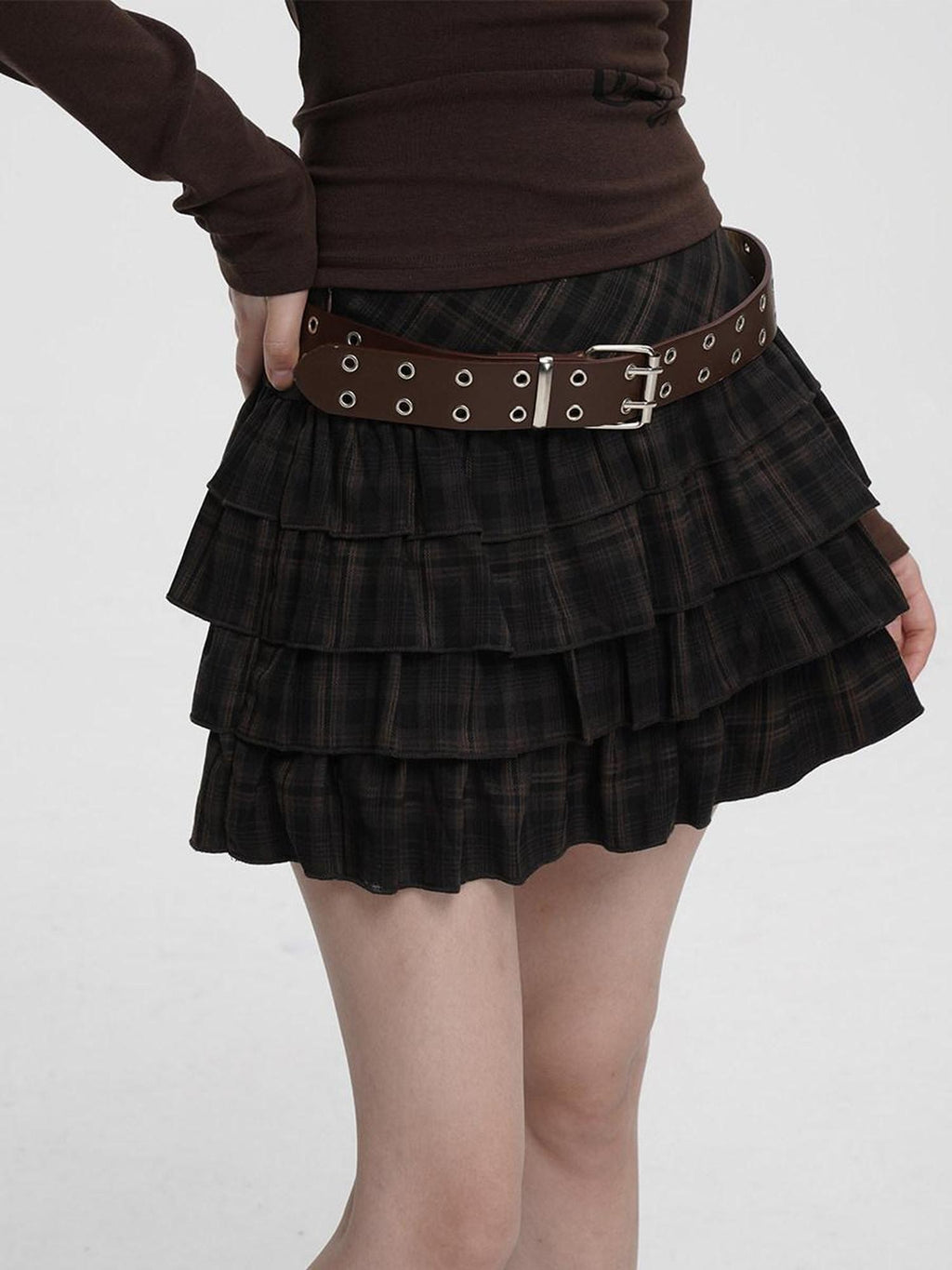 VEEMIX Black Plaid Pleated A Line Low Waist Side Zip Women's Polyester Tiered Skirts