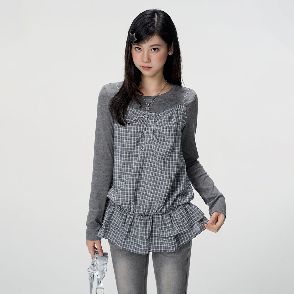 VEEMIX_Black_Plaid_Two_Piece_Layered_Slim_Fit_Cotton_Women's_Long_Sleeve_T-shirts_1071644814843_MISSTT