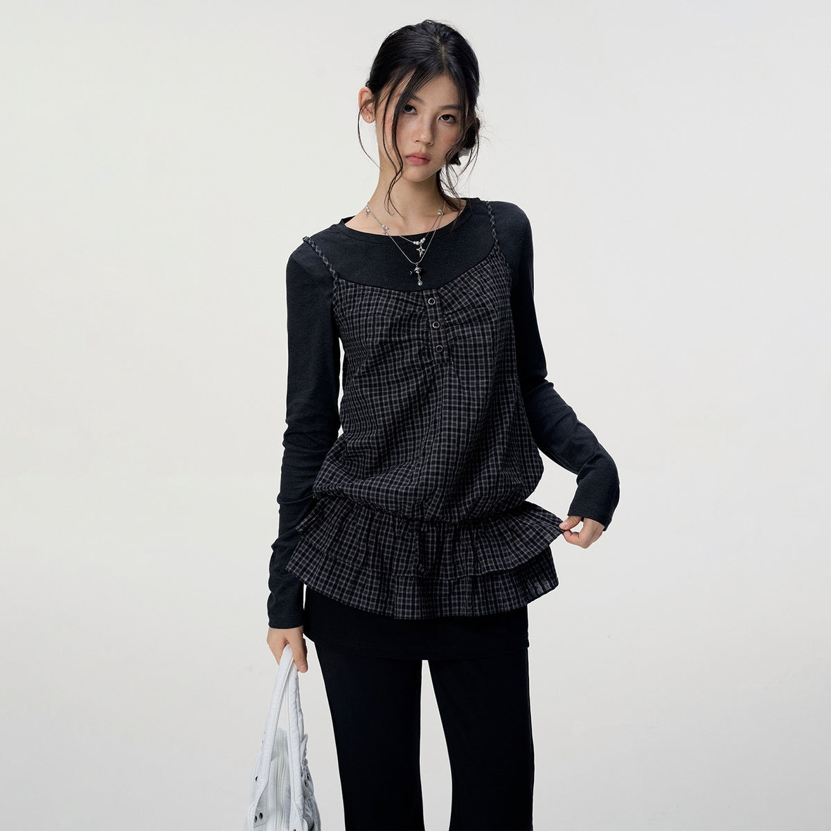 VEEMIX_Black_Plaid_Two_Piece_Layered_Slim_Fit_Cotton_Women's_Long_Sleeve_T-shirts_1071644814843_MISSTT