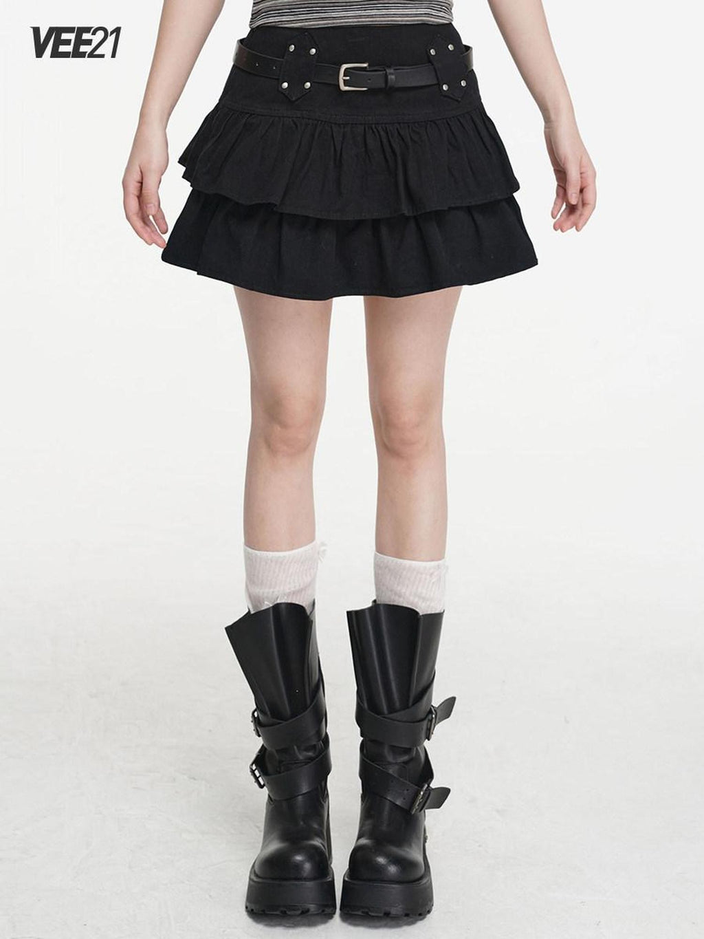 VEEMIX Black Pleated Ballet Puff A Line Belted Women's Cotton Rayon Blend Mini Skirts