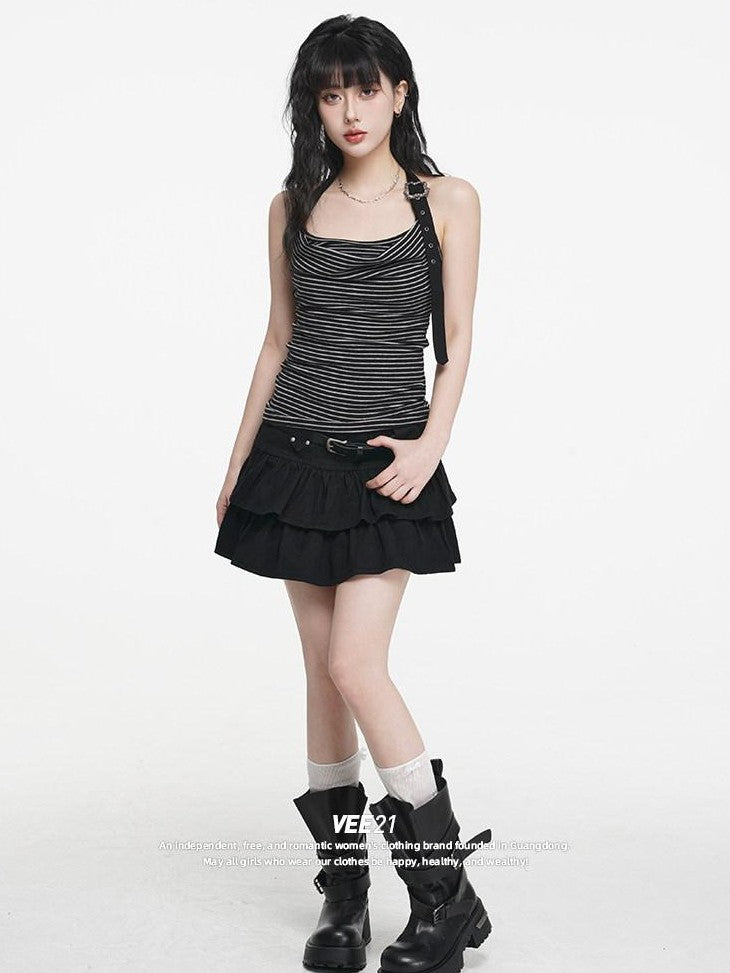 VEEMIX Black Pleated Ballet Puff A Line Belted Women's Cotton Rayon Blend Mini Skirts