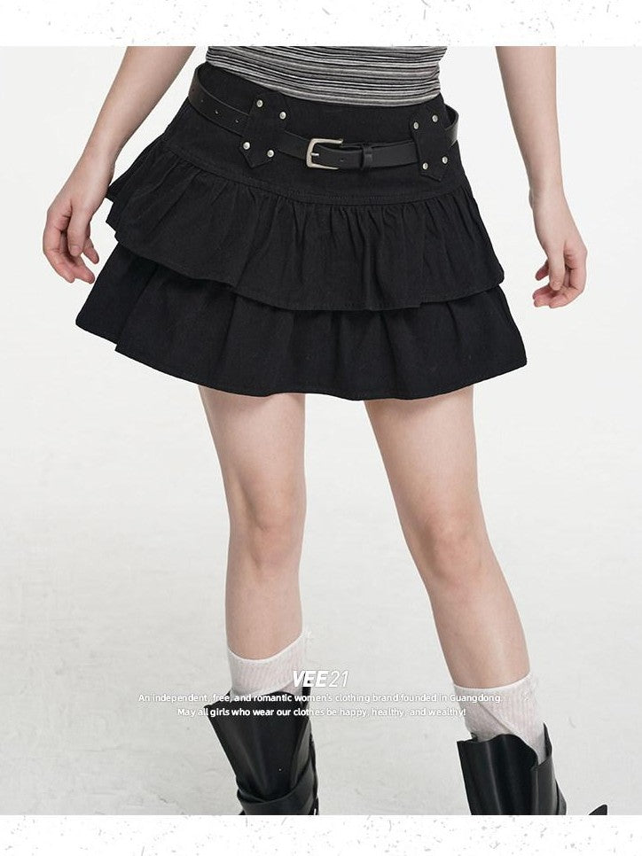 VEEMIX Black Pleated Ballet Puff A Line Belted Women's Cotton Rayon Blend Mini Skirts