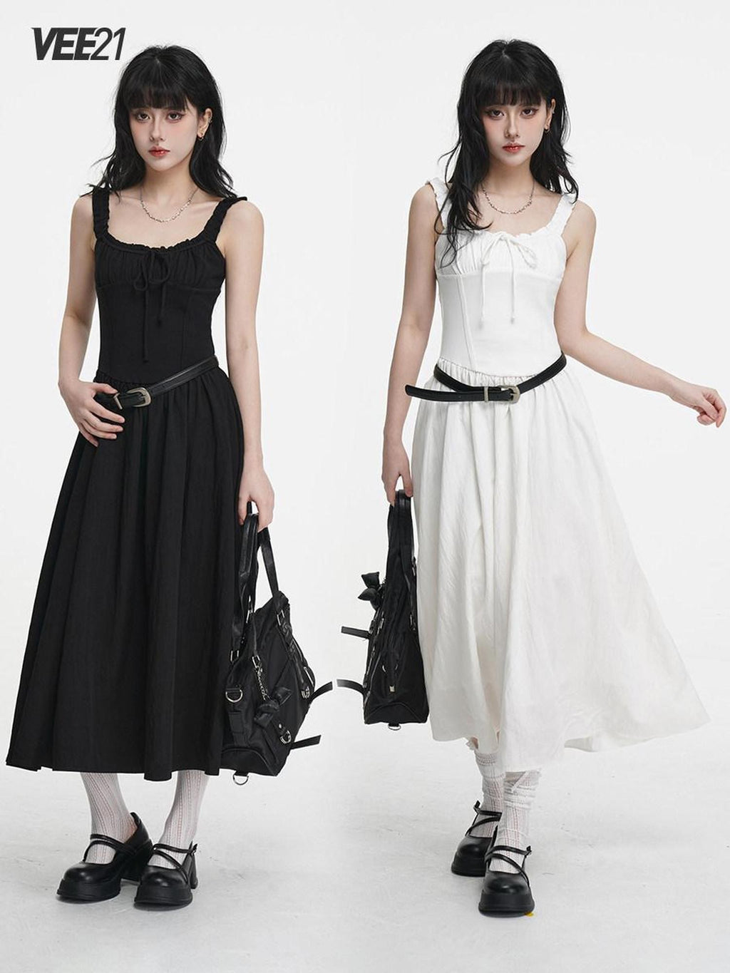 VEEMIX Black Pleated Splice High Waist A Line Women's Cotton Spandex Slip Maxi Dresses