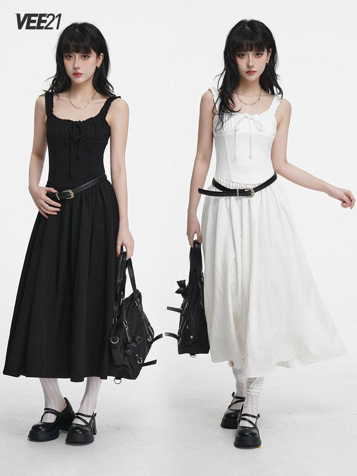 VEEMIX Black Pleated Splice High Waist A Line Women's Cotton Spandex Slip Maxi Dresses