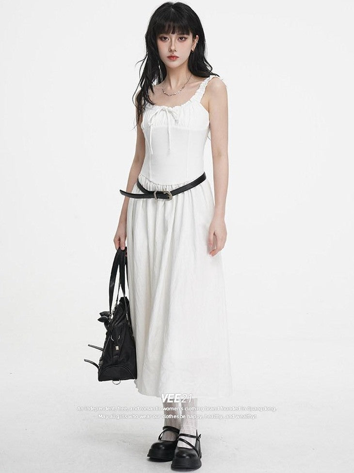 VEEMIX Black Pleated Splice High Waist A Line Women's Cotton Spandex Slip Maxi Dresses