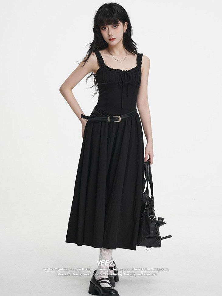 VEEMIX Black Pleated Splice High Waist A Line Women's Cotton Spandex Slip Maxi Dresses