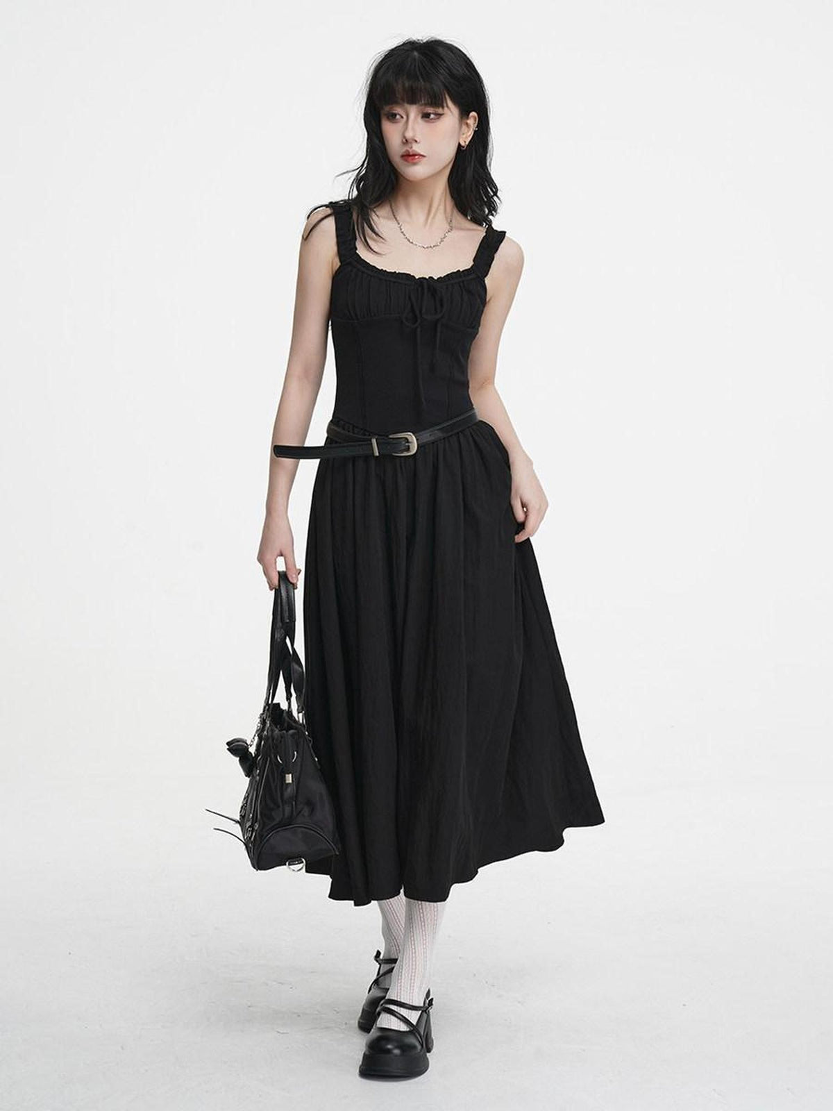 VEEMIX Black Pleated Splice High Waist A Line Women's Cotton Spandex Slip Maxi Dresses