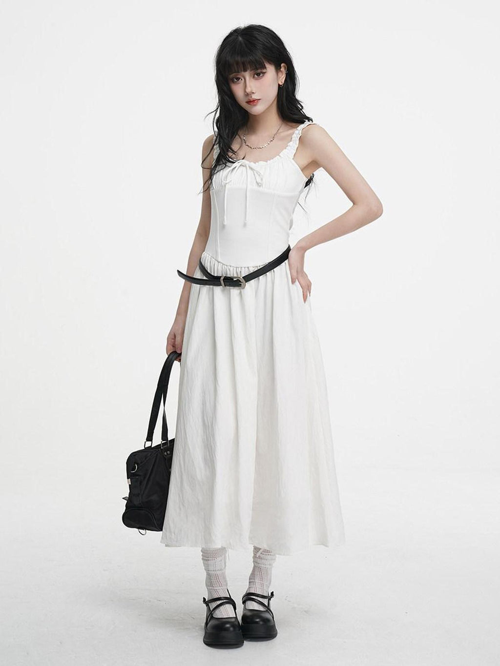 VEEMIX Black Pleated Splice High Waist A Line Women's Cotton Spandex Slip Maxi Dresses