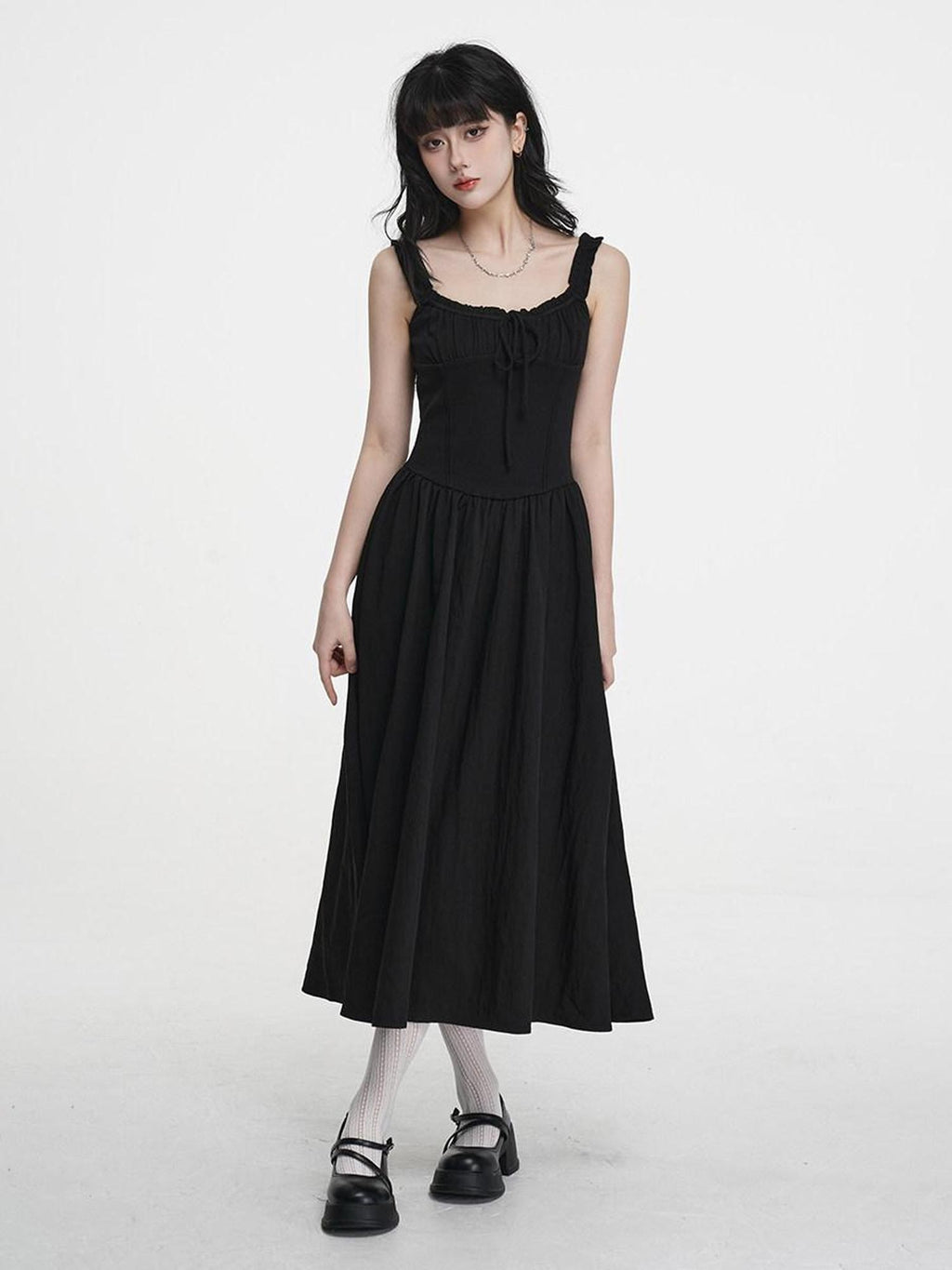 VEEMIX Black Pleated Splice High Waist A Line Women's Cotton Spandex Slip Maxi Dresses