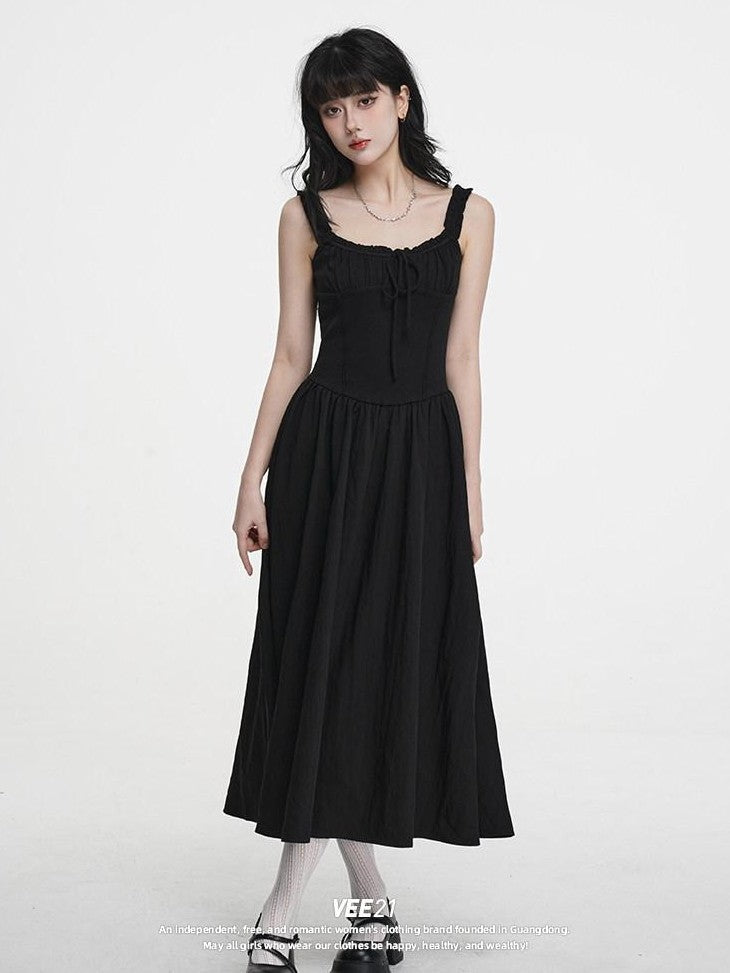 VEEMIX Black Pleated Splice High Waist A Line Women's Cotton Spandex Slip Maxi Dresses