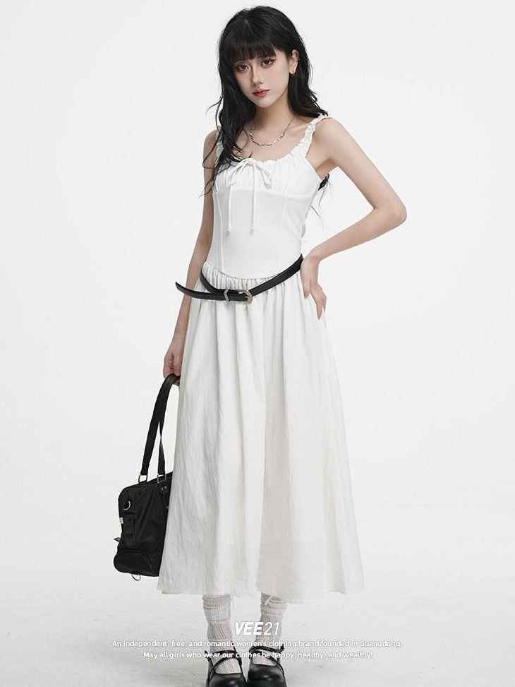 VEEMIX Black Pleated Splice High Waist A Line Women's Cotton Spandex Slip Maxi Dresses