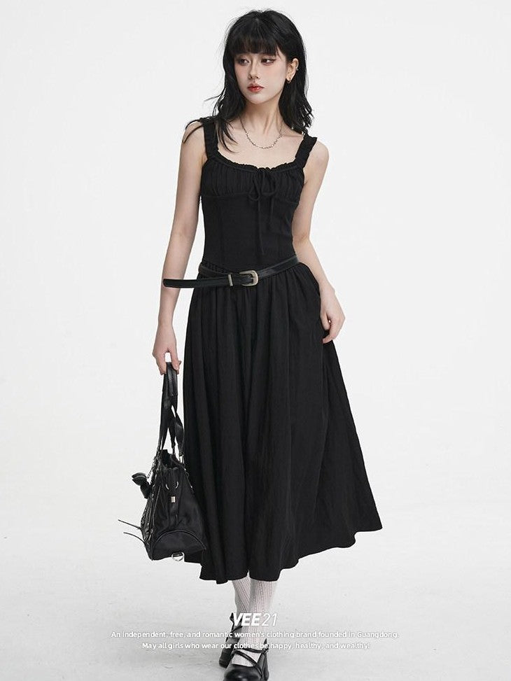 VEEMIX Black Pleated Splice High Waist A Line Women's Cotton Spandex Slip Maxi Dresses