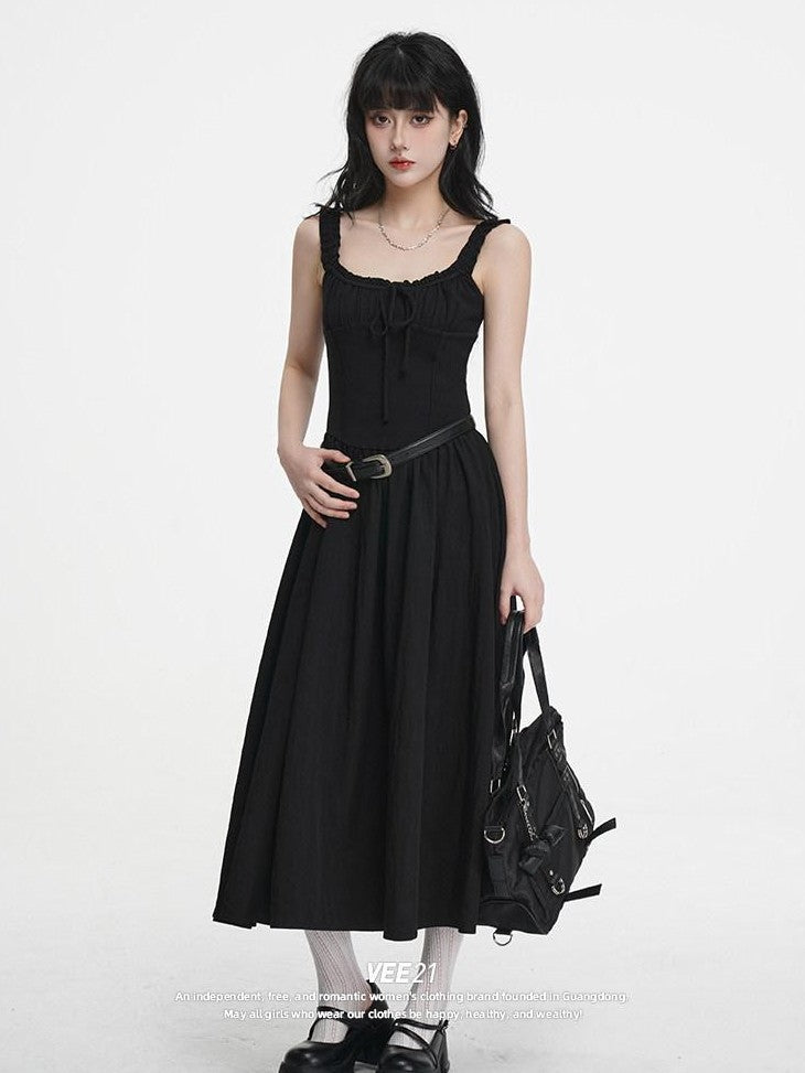 VEEMIX Black Pleated Splice High Waist A Line Women's Cotton Spandex Slip Maxi Dresses