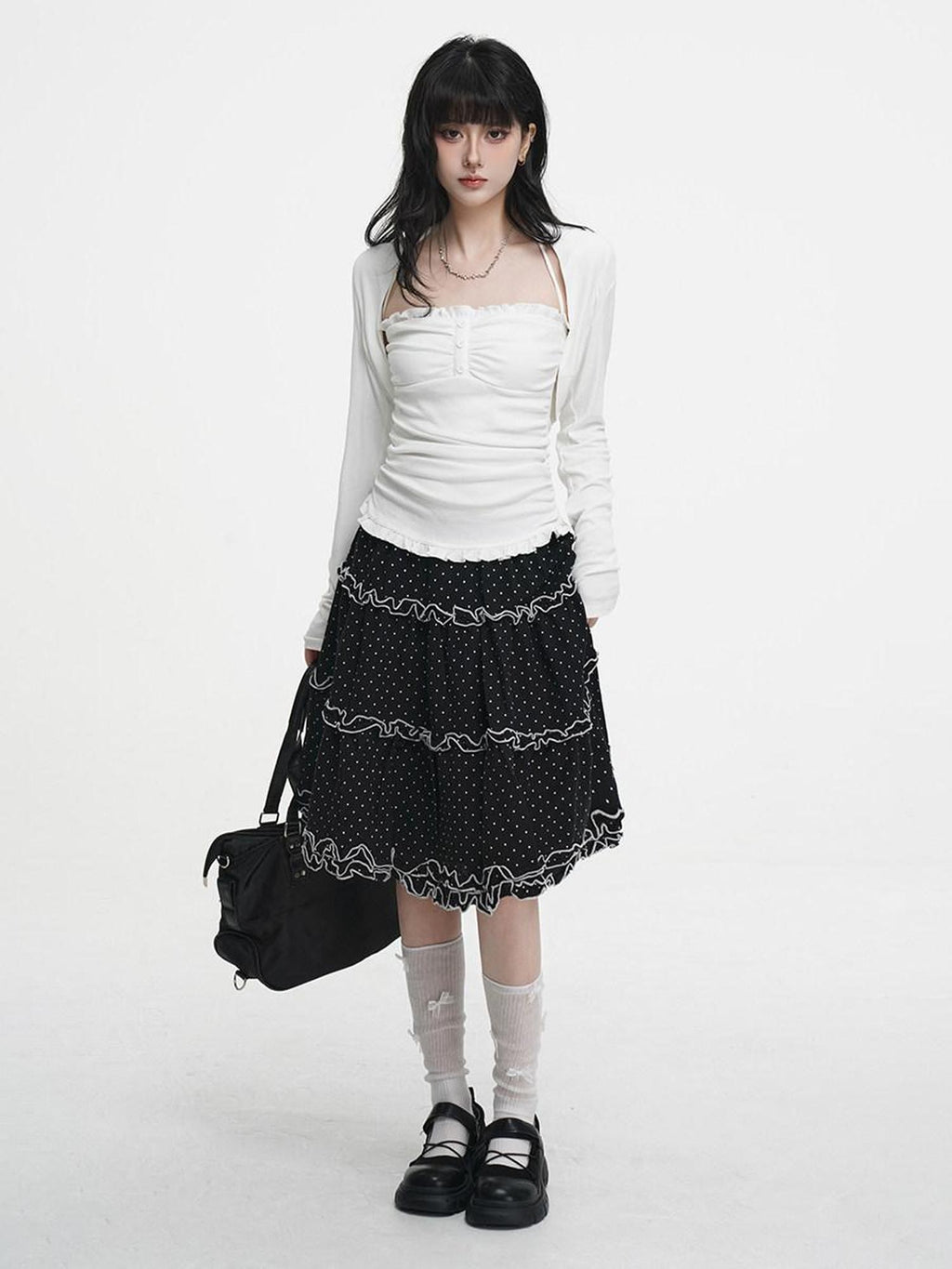 VEEMIX Black Polka Dot A Line Pleated Ruffle Women's Cotton Blend Midi Skirts