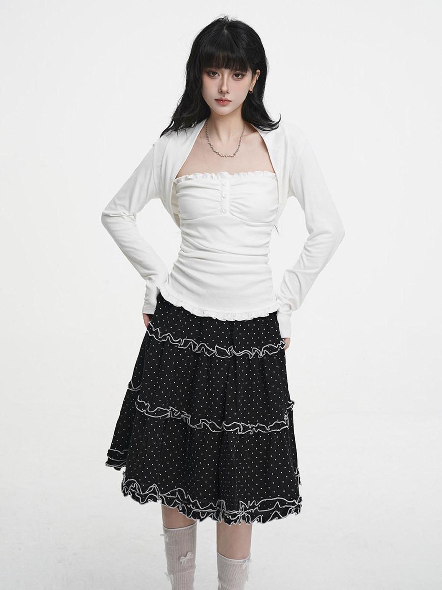 VEEMIX Black Polka Dot A Line Pleated Ruffle Women's Cotton Blend Midi Skirts