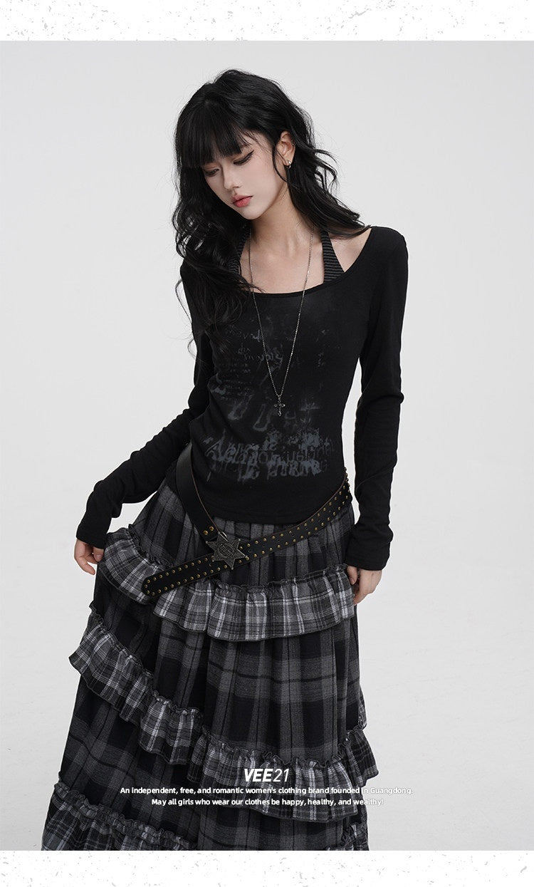 VEEMIX_Black_Printed_Faux_Layered_Crewneck_Women's_Viscose_Blend_Long_Sleeve_T-shirts_979558707381_MISSTT