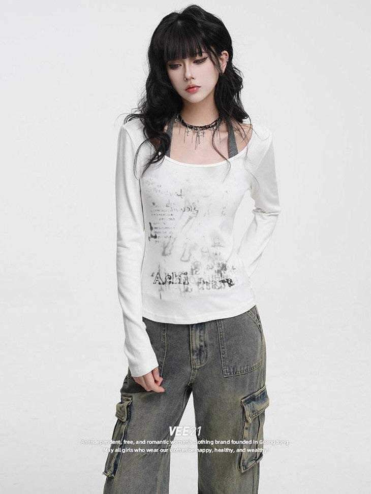 VEEMIX Black Printed Faux Layered Crewneck Women's Viscose Blend Long Sleeve T-shirts