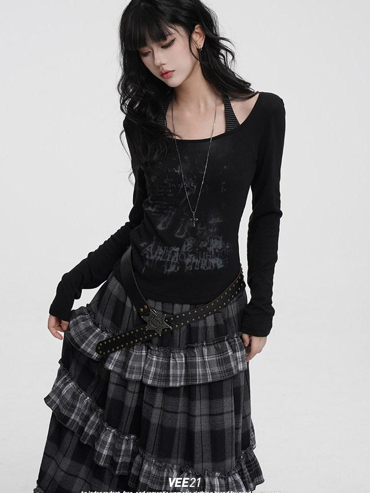 VEEMIX Black Printed Faux Layered Crewneck Women's Viscose Blend Long Sleeve T-shirts