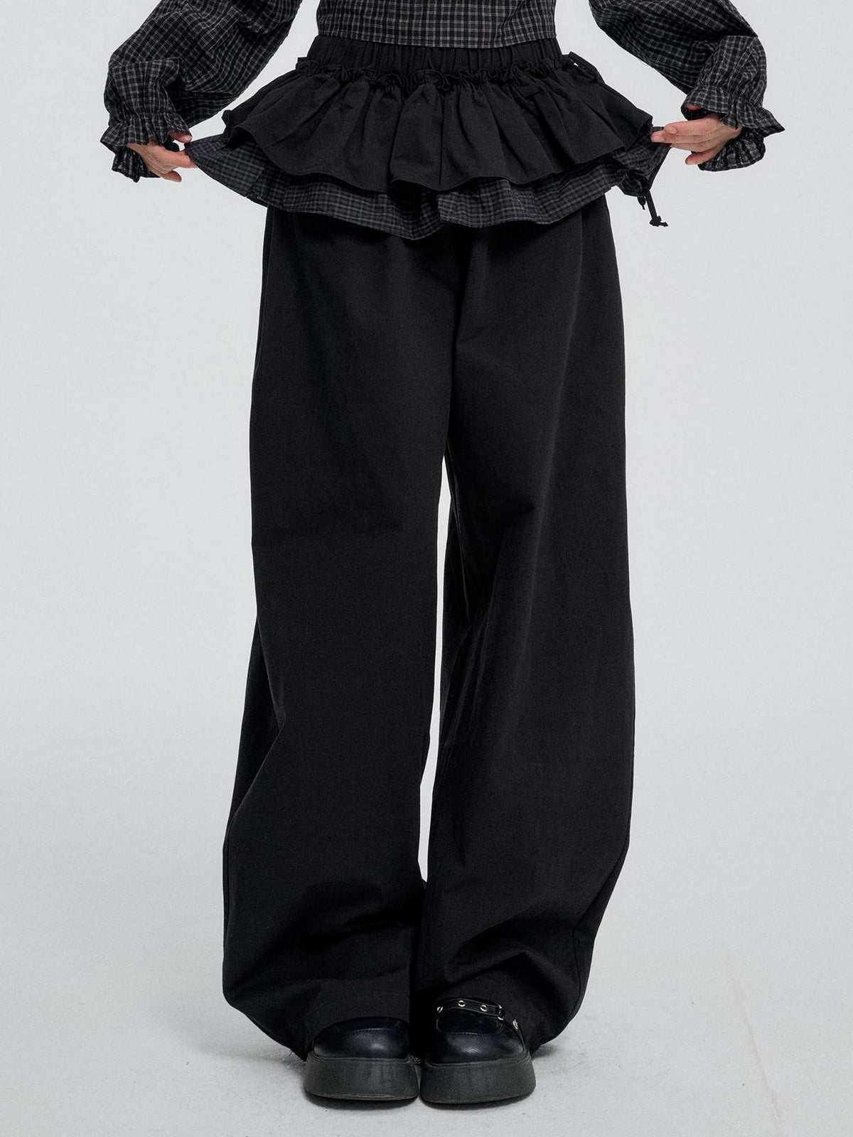 VEEMIX Black Spliced Layered Look Women's Cotton Wide-leg Pants