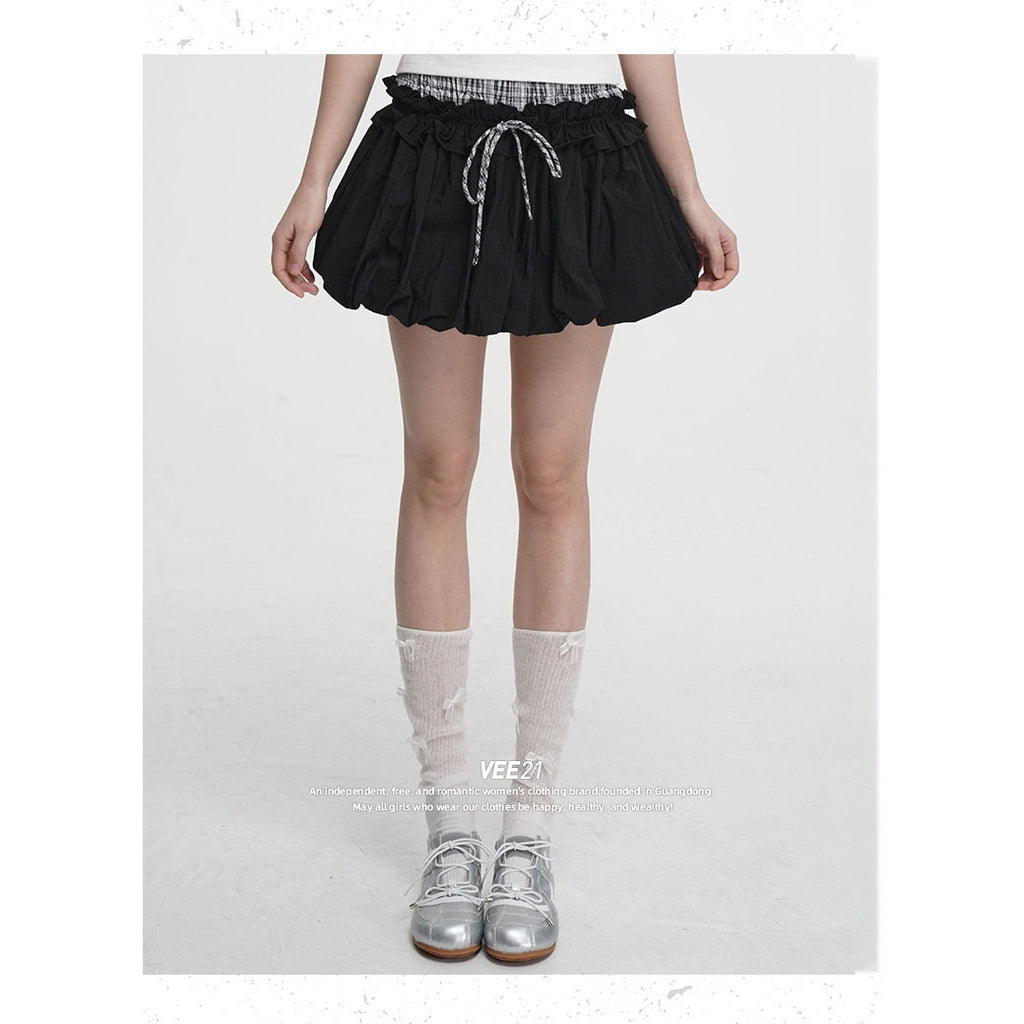 VEEMIX_Black_Spliced_Plaid_Pleated_Puff_High_Waist_Tie_Women's_Mini_Skirts_1021123742007_MISSTT