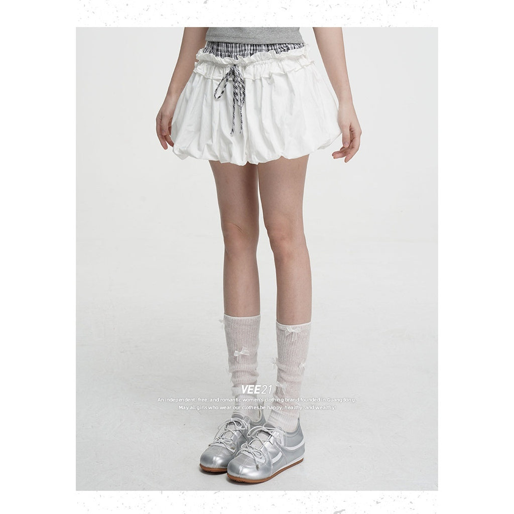 VEEMIX_Black_Spliced_Plaid_Pleated_Puff_High_Waist_Tie_Women's_Mini_Skirts_1021123742007_MISSTT
