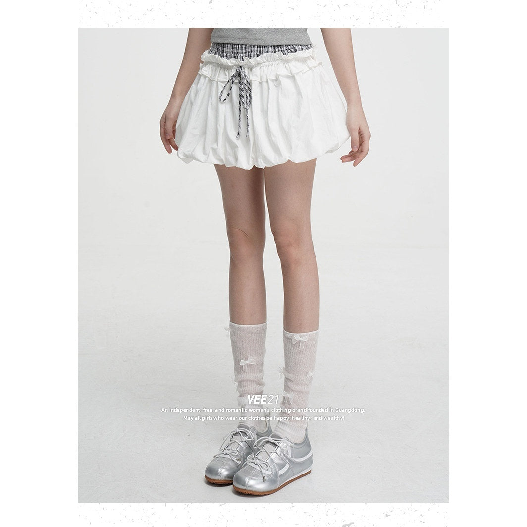 VEEMIX_Black_Spliced_Plaid_Pleated_Puff_High_Waist_Tie_Women's_Mini_Skirts_1021123742007_MISSTT