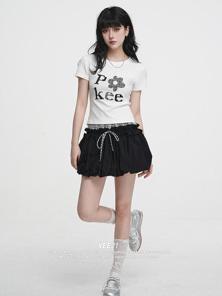 VEEMIX Black Spliced Plaid Pleated Puff High Waist Tie Women's Mini Skirts