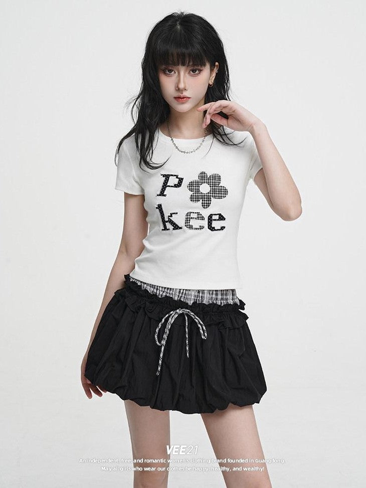 VEEMIX Black Spliced Plaid Pleated Puff High Waist Tie Women's Mini Skirts