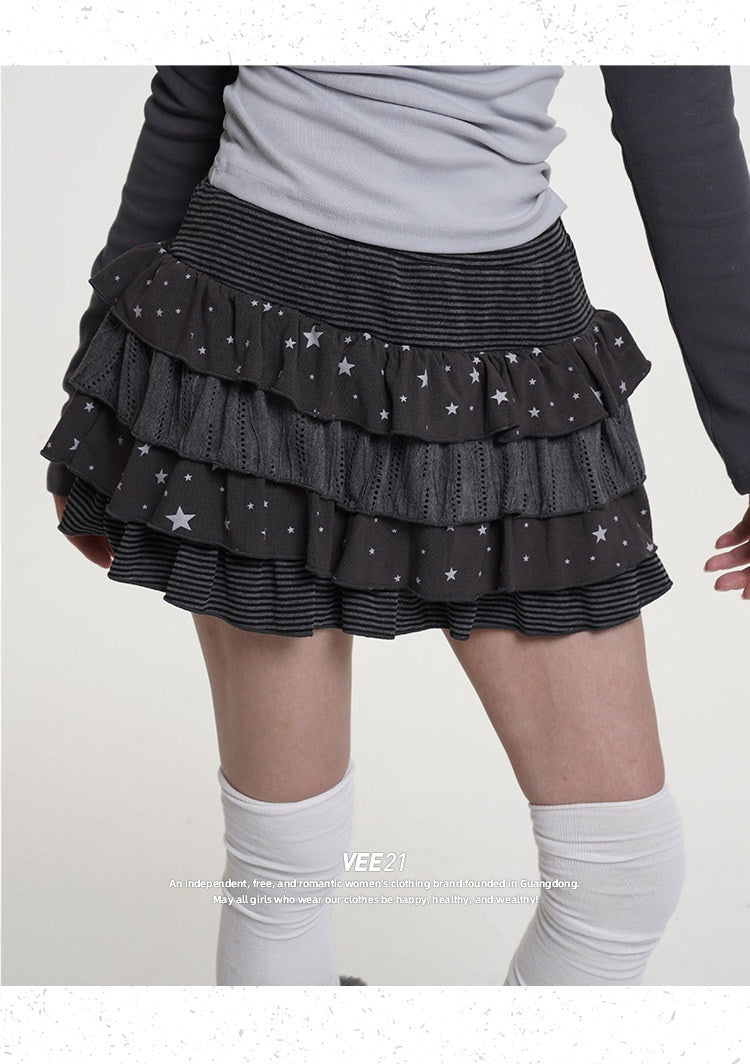 VEEMIX_Black_Star_Print_Layered_Pleated_Cake_Women's_Cotton_Stretch_Mini_Skirts_992455897993_MISSTT