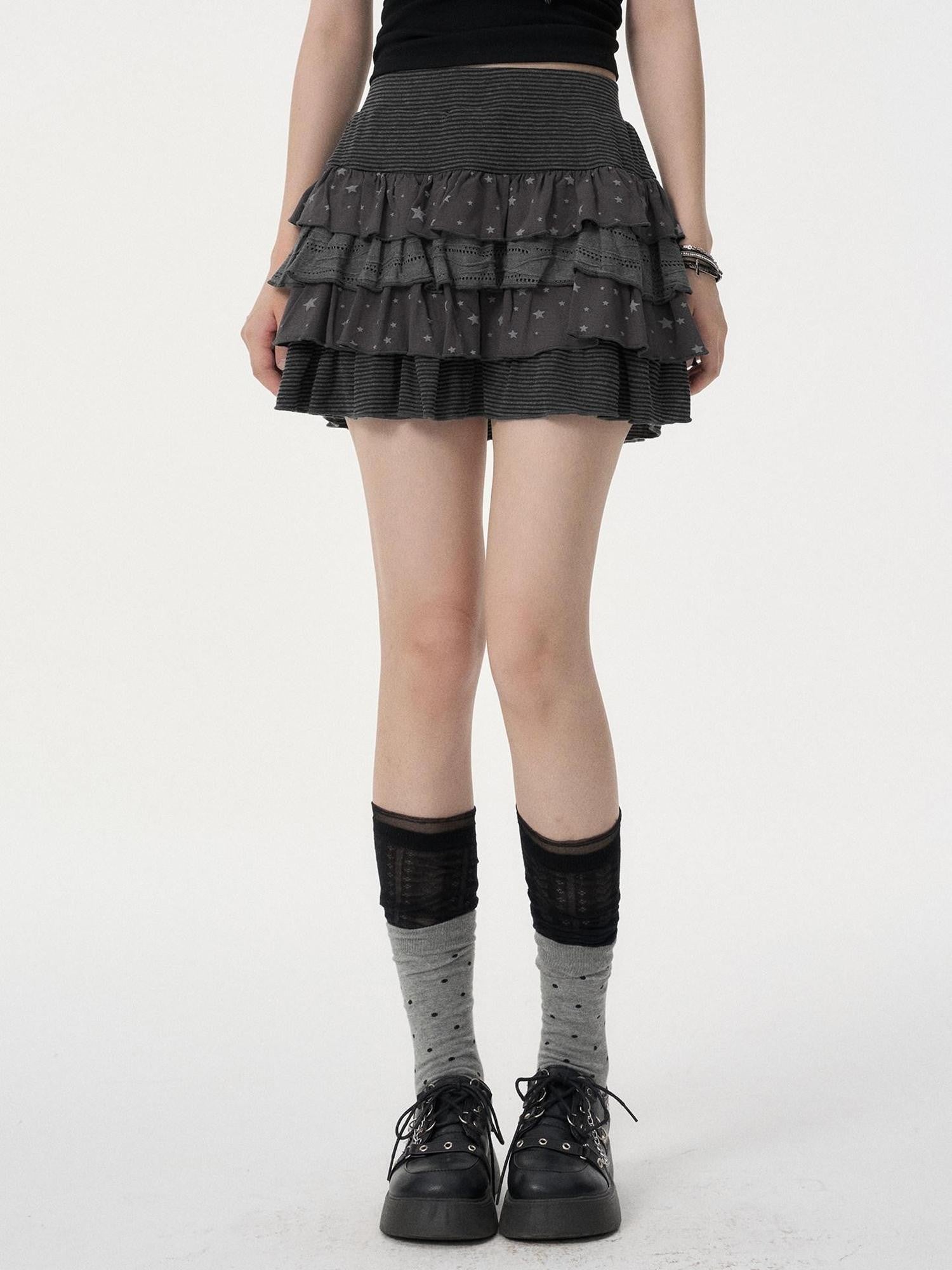 VEEMIX Black Star Print Layered Pleated Cake Women's Cotton Stretch Mini Skirts