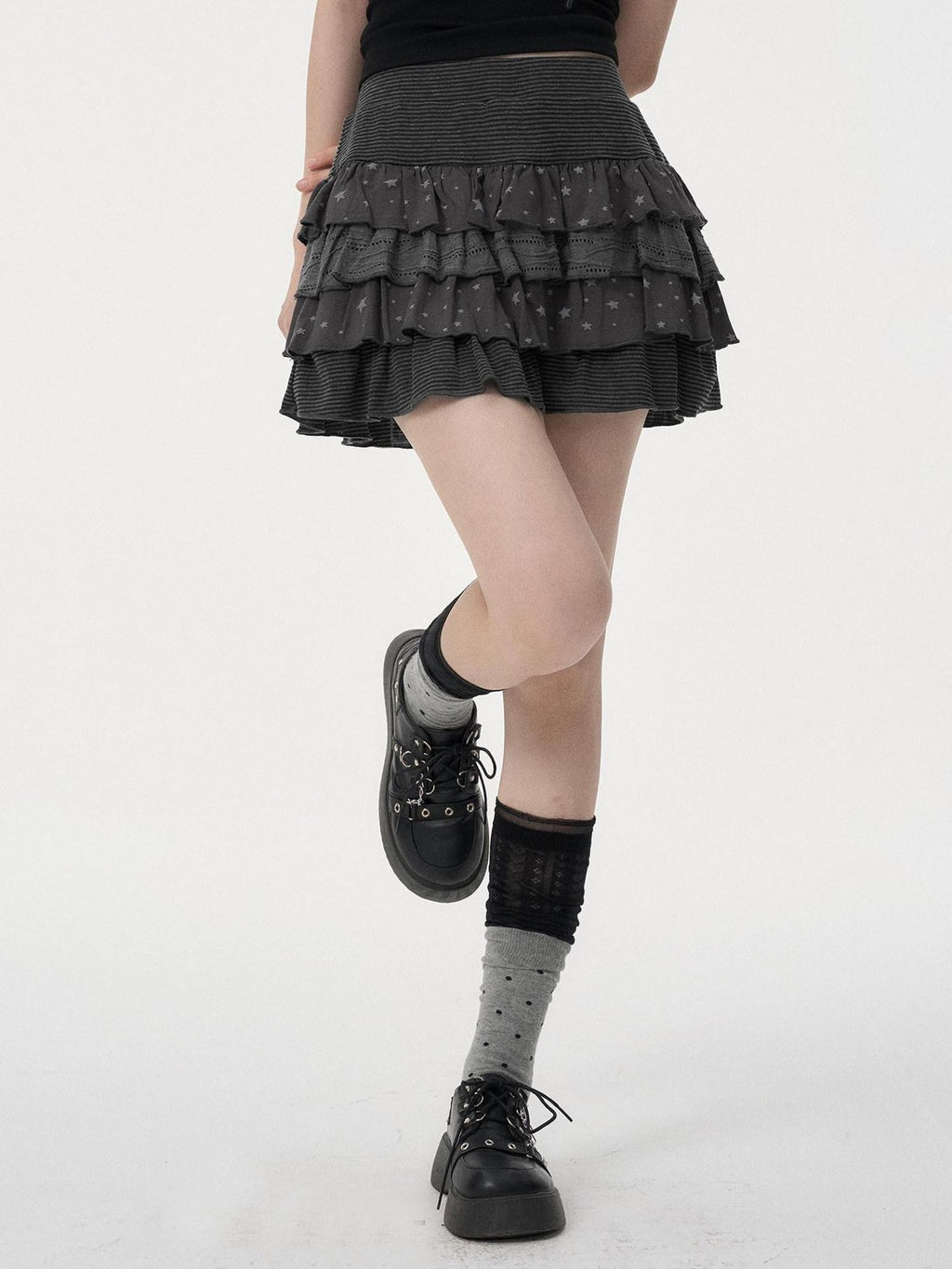 VEEMIX Black Star Print Layered Pleated Cake Women's Cotton Stretch Mini Skirts
