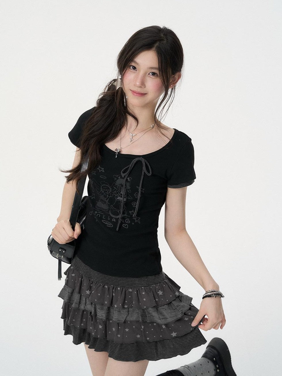 VEEMIX Black Star Print Layered Pleated Cake Women's Cotton Stretch Mini Skirts